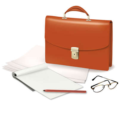 A briefcase and notebook and some office supplies. Vector. のイラスト素材