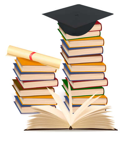 Stack of colorful books and graduation cap . Vector illustration.のイラスト素材