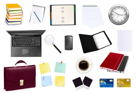 A briefcase, calculator, notebooks and some office and business supplies. Vector. のイラスト素材
