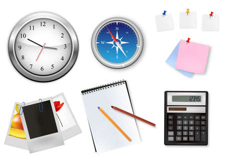 A clock, calculator and some office supplies のイラスト素材