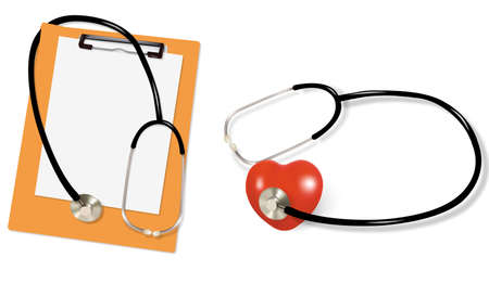 Stethoscope and blank clipboard with a sheet of white paper on it のイラスト素材