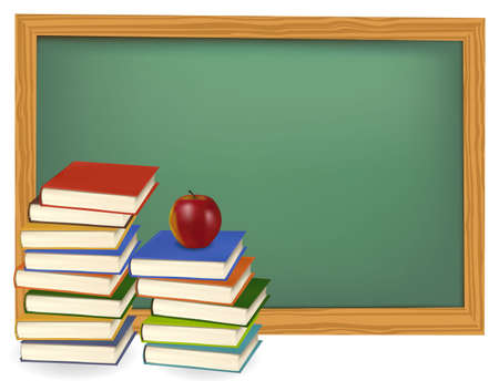 School books with apple on the green desk のイラスト素材