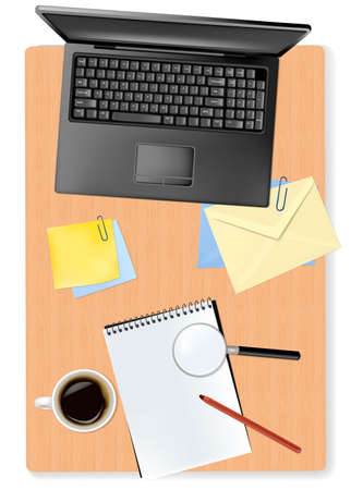 Grey notebook (laptop) and office supplies laying on the board のイラスト素材