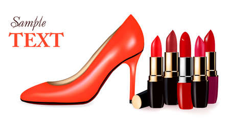 Sexy high heel shoe and group of lipsticks. illustration. のイラスト素材