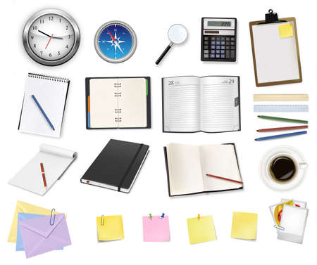 A clock, calculator and some office supplies. のイラスト素材