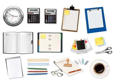 A clock, calculator and some office supplies. Vector. のイラスト素材