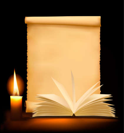 Background with old paper, candle and open book. のイラスト素材