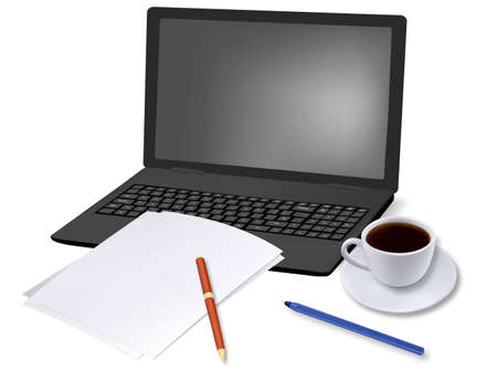 Notebook, cup of coffee and office supplies. Vector. のイラスト素材