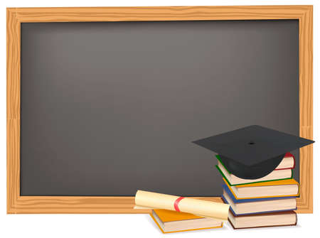 Graduation cap and diploma laying on stacks of books. Vector. のイラスト素材