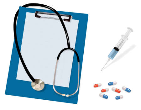 Stethoscope and blank clipboard. Syringe with needle and capsules. Vector のイラスト素材