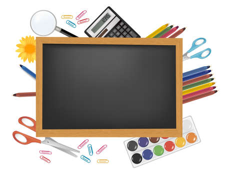 Blackboard with school supplies. Vector. のイラスト素材
