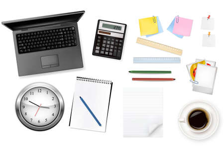 Keyboard, clock and office supplies. Vector. のイラスト素材