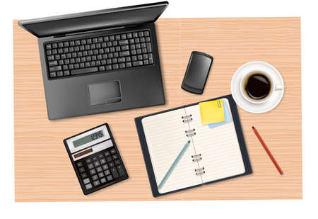 Notebook, calculator and office supplies on the table. Vector. のイラスト素材