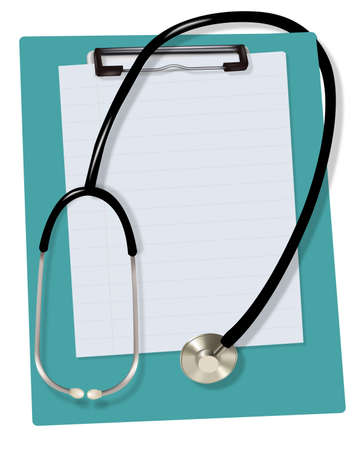 Stethoscope and blank clipboard with a sheet of white paper on it. Vector.のイラスト素材
