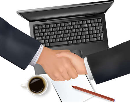 Handshake over paper and computer in the background. Vector. のイラスト素材
