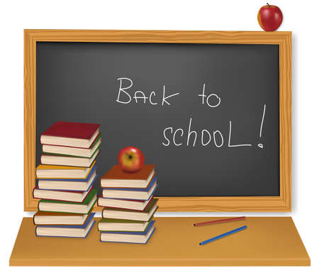 Back to school. School books with apples on the desk. Vector. のイラスト素材