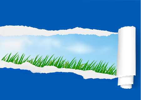 View on the landscape through ripped paper. Vector. のイラスト素材