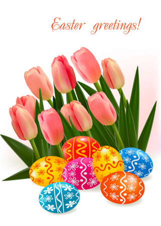 Background with Easter eggs with pink tulip flowers.のイラスト素材