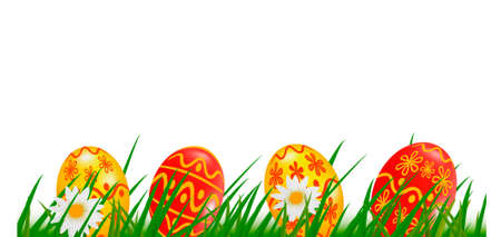 Row of Easter Eggs with Daisy on Fresh Green Grass. のイラスト素材