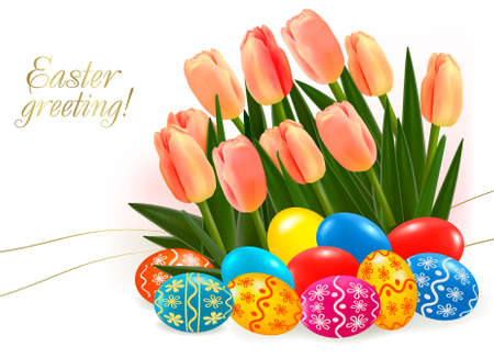Background with Easter eggs with pink tulip flowers.のイラスト素材