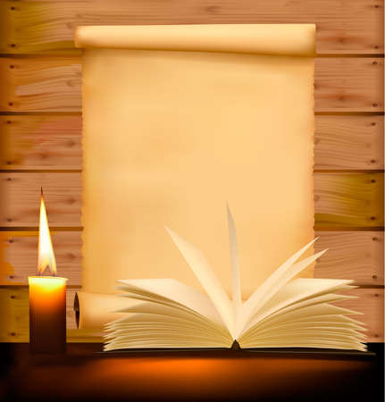 Old paper, candle and open book on wood background. のイラスト素材