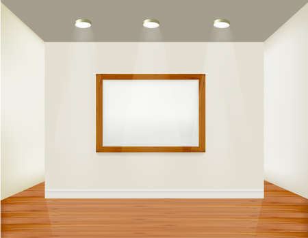 Empty frame on wall with spot lights and wood background. Vector illustration. のイラスト素材