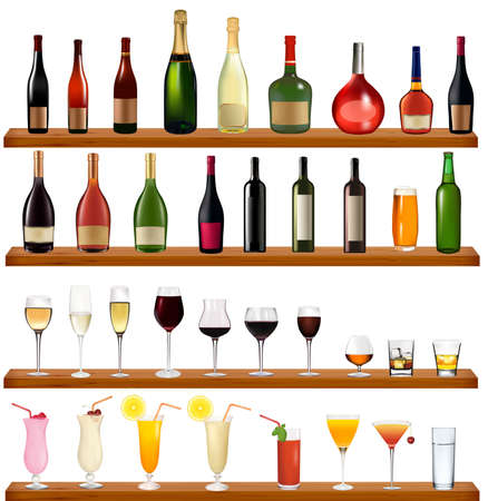 Set of different drinks and bottles on the wall. Vector illustration. のイラスト素材