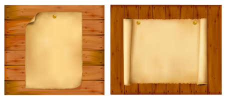 Set with old papers on a wooden walls. Vector illustration. のイラスト素材