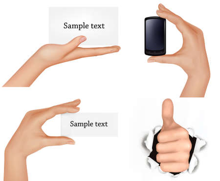 Set of hands holding different business objects. Vector illustration. のイラスト素材