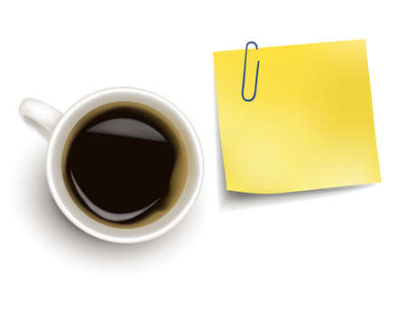 Yellow sticker note and a cup of coffee. Photo-realistic vector. のイラスト素材