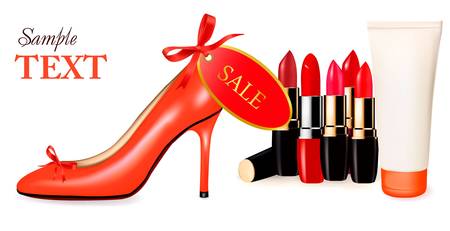 Sexy high heel shoe and group of lipsticks. Vector illustration. のイラスト素材