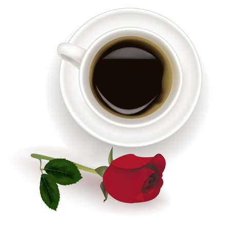 Top view of black coffee cup with red rose. のイラスト素材