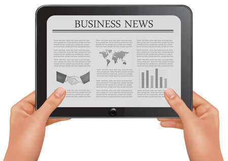 Hands holding digital tablet pc with business news. Vector illustrationのイラスト素材