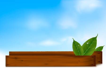 Background with green leaves and wood. Vector illustration.のイラスト素材