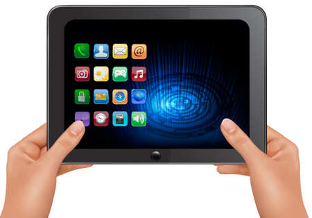 Hands holding digital tablet computer with icons. Vector illustrationのイラスト素材