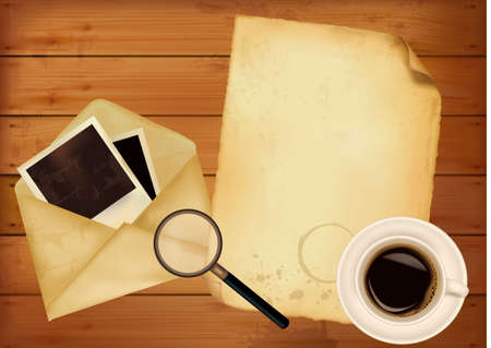 Old envelope with photos and old paper on wooden background. Vector.のイラスト素材