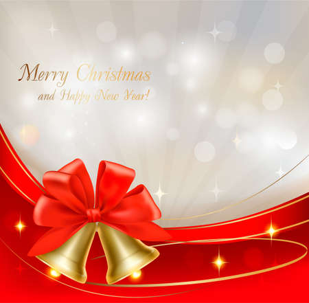 Background with red bow, bells and ribbons. Vector illustration.のイラスト素材