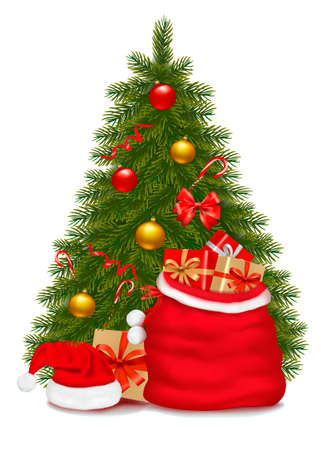 Christmas tree and santa bag with gifts. Vector illustration.のイラスト素材