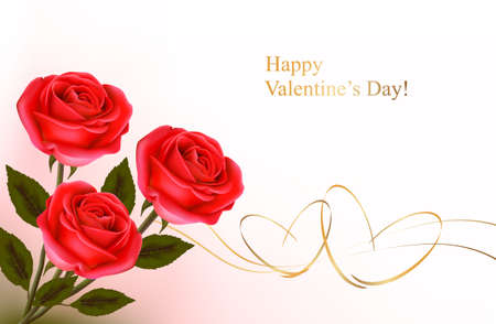 Valentine`s day background. Red roses and gift gold bows. Vector illustration.のイラスト素材