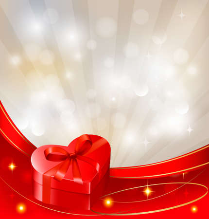 Valentine`s day background with red gift box with bow and ribbons. Vector. のイラスト素材