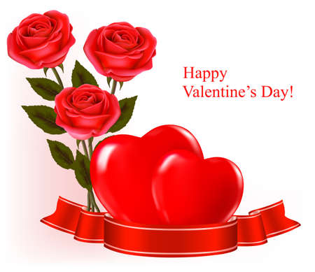 Valentine`s day background. Red roses and gift red bow. Vector illustration. のイラスト素材