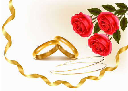 Background with wedding rings and roses bouquet. Vector illustration.のイラスト素材