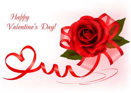 Valentine`s day background. Red rose with gift red bow. Vector illustration.のイラスト素材