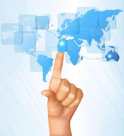 Finger touching world map on a touch screen. Vector.のイラスト素材