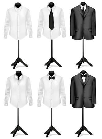 Black suit and white shirt with necktie on mannequins. Vector illustration.のイラスト素材