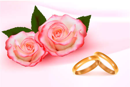 Gold wedding rings in front of three pink roses  Vector のイラスト素材