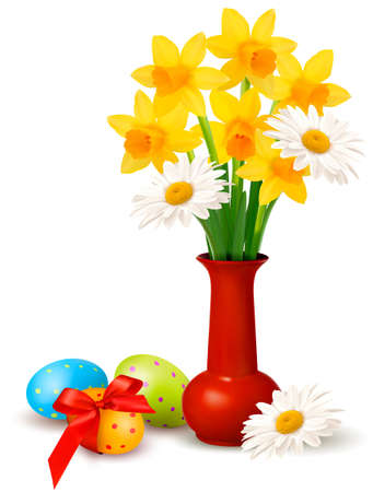 Spring colorful flowers in a vase with Easter eggs  Easter vector backgroundのイラスト素材