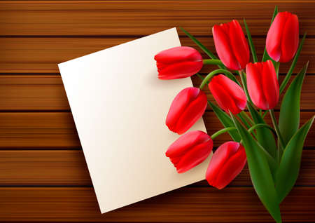 Red tulips and blank card  on old wooden board  Vector のイラスト素材