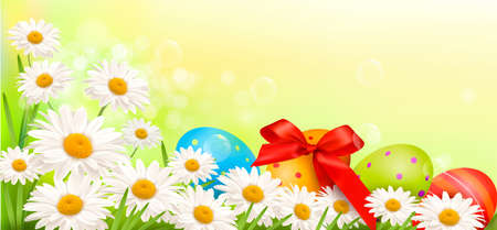 Easter background with Easter eggs and spring flowers  Vector illustration のイラスト素材