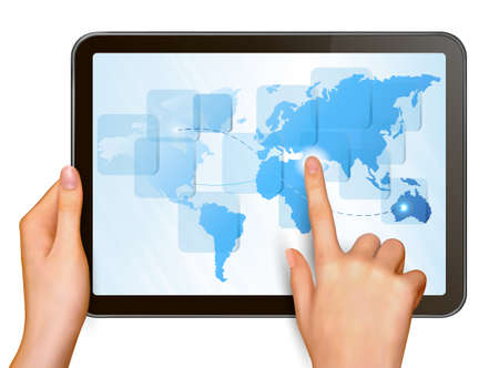 Finger touching world map on a touch screen   のイラスト素材